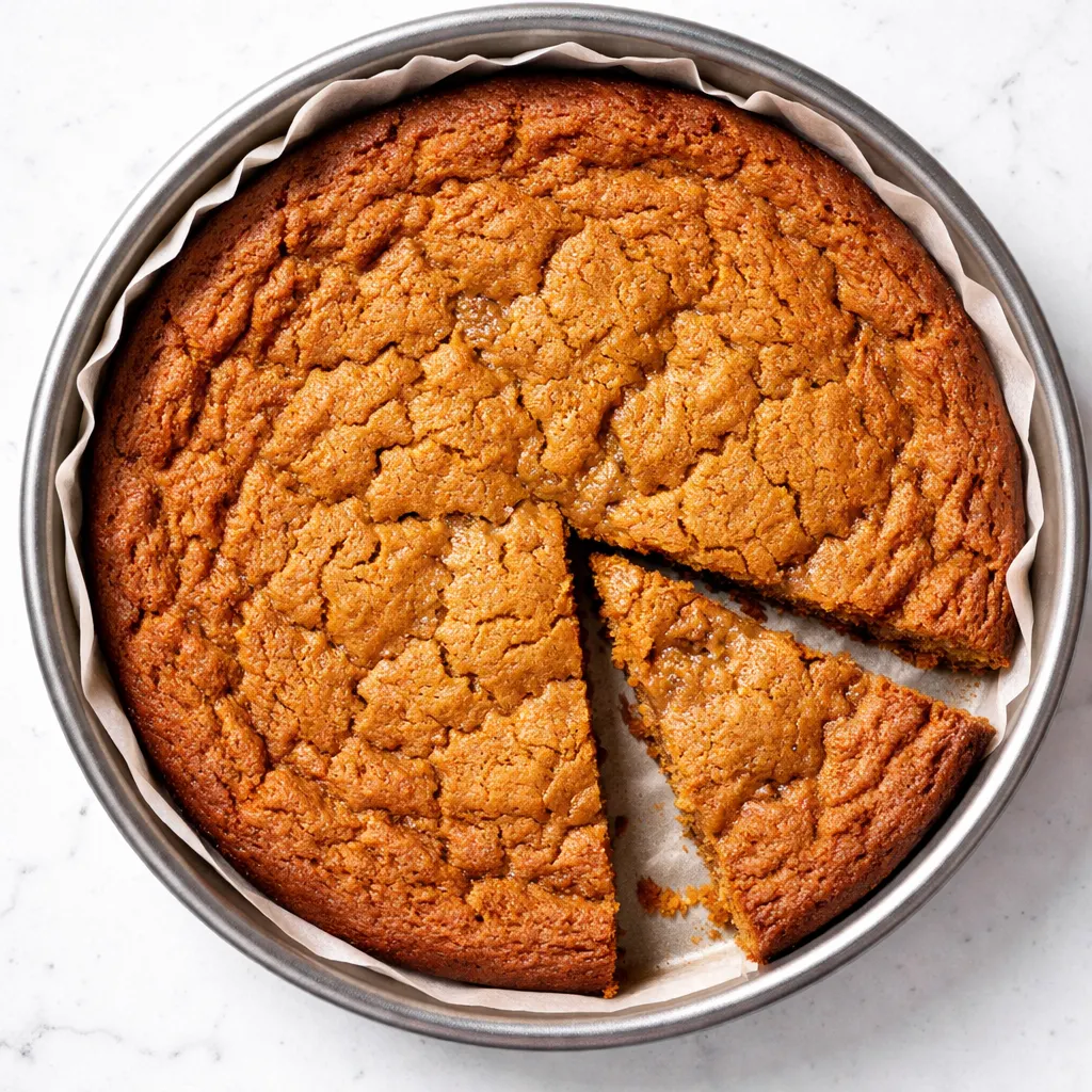 Dark browned butter poured over pumpkin puree and sugar, creating a glossy spiced batter for brown butter pumpkin cookie cake.
