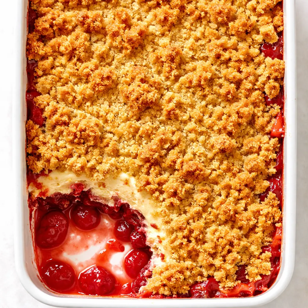 Fresh strawberries and cream cheese filling layered in a baking dish, topped with yellow cake mix and pats of butter for a buttery strawberry cheesecake dump cake.