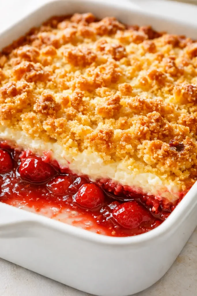 Golden buttery crumble topping over a creamy strawberry cheesecake dump cake with juicy berries and a crisp edge.