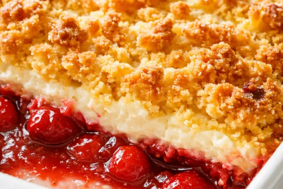 Golden buttery crumble topping over a creamy strawberry cheesecake dump cake with juicy berries and a crisp edge.