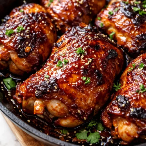 Caramelized BBQ chicken thighs with a sticky, smoky glaze, golden-brown and glossy, served on a platter.
