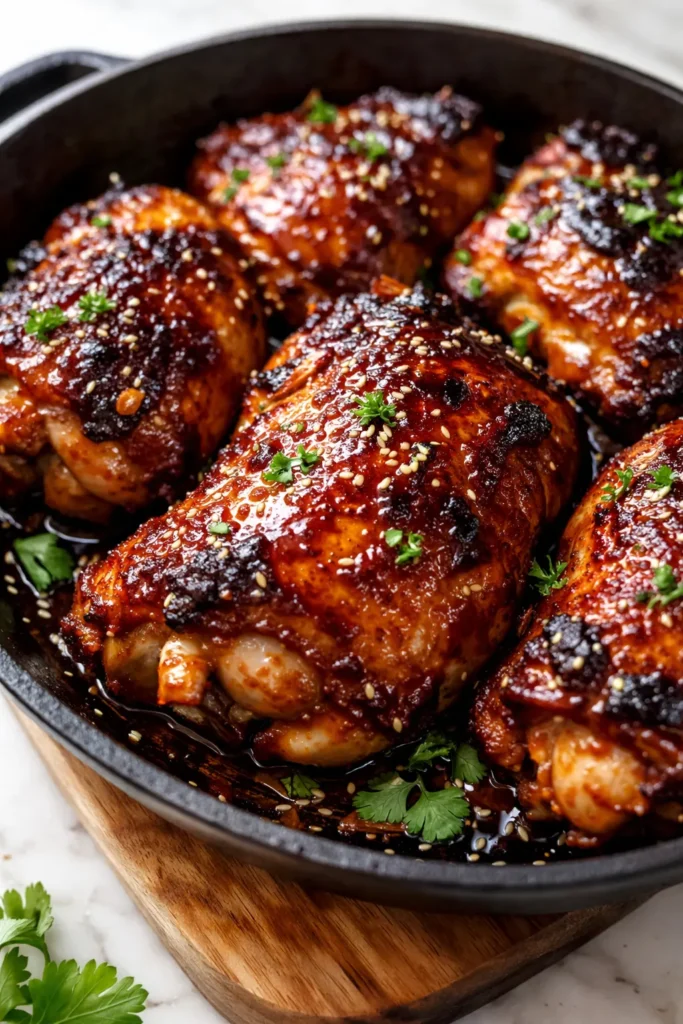 Caramelized BBQ chicken thighs with a sticky, smoky glaze, golden-brown and glossy, served on a platter.
