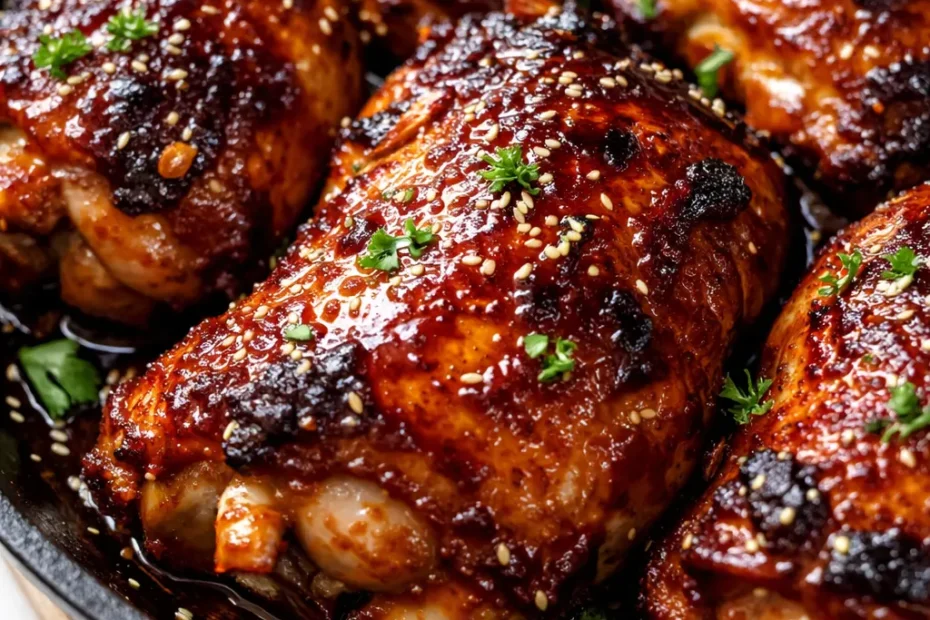 Caramelized BBQ chicken thighs with a sticky, smoky glaze, golden-brown and glossy, served on a platter.