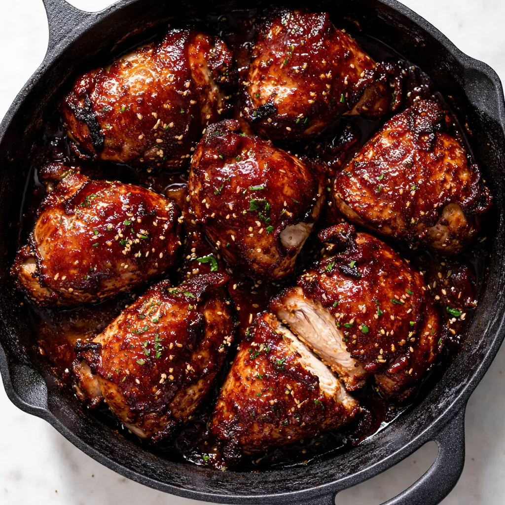 Caramelized BBQ chicken thighs sizzling in a cast-iron skillet with a glossy, sticky, smoky glaze and charred edges.