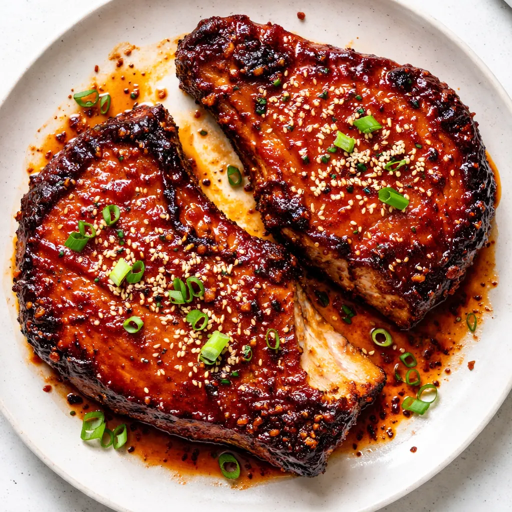 Skillet with sizzling Korean pork chops caramelizing in a glossy brown sauce, tender and juicy texture.