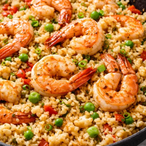 Golden cauliflower fried rice with shrimp, bell peppers, peas, and green onions in a skillet, fluffy texture.