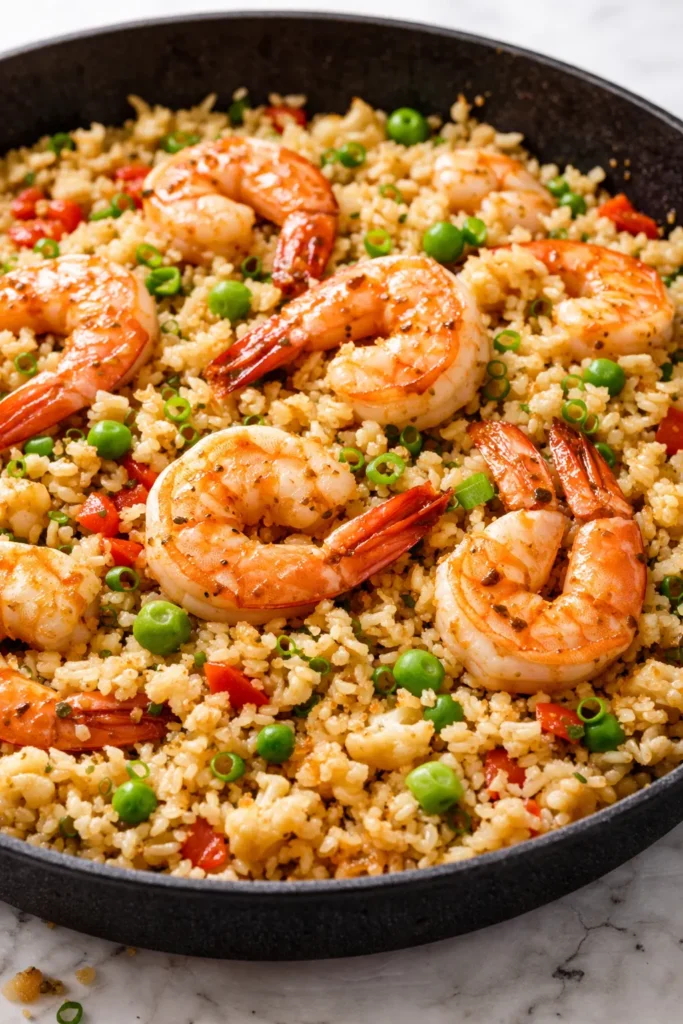 Golden cauliflower fried rice with shrimp, bell peppers, peas, and green onions in a skillet, fluffy texture.