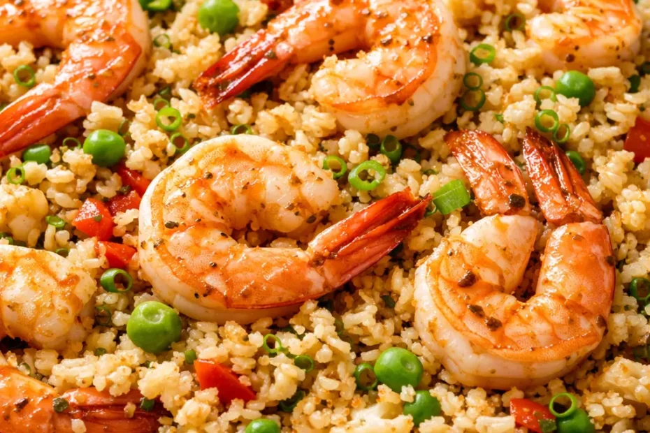 Golden cauliflower fried rice with shrimp, bell peppers, peas, and green onions in a skillet, fluffy texture.