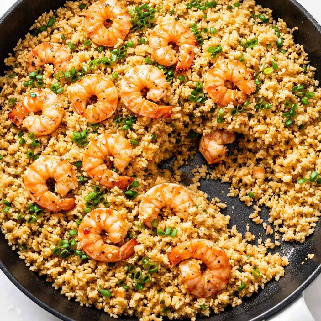 Golden cauliflower fried rice with pink shrimp, green peas, and scrambled eggs in a hot wok, showcasing a savory and slightly crispy texture.