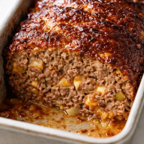A slice of juicy cheeseburger meatloaf with melted cheddar, glossy ketchup glaze, and golden-brown edges on a white plate.
