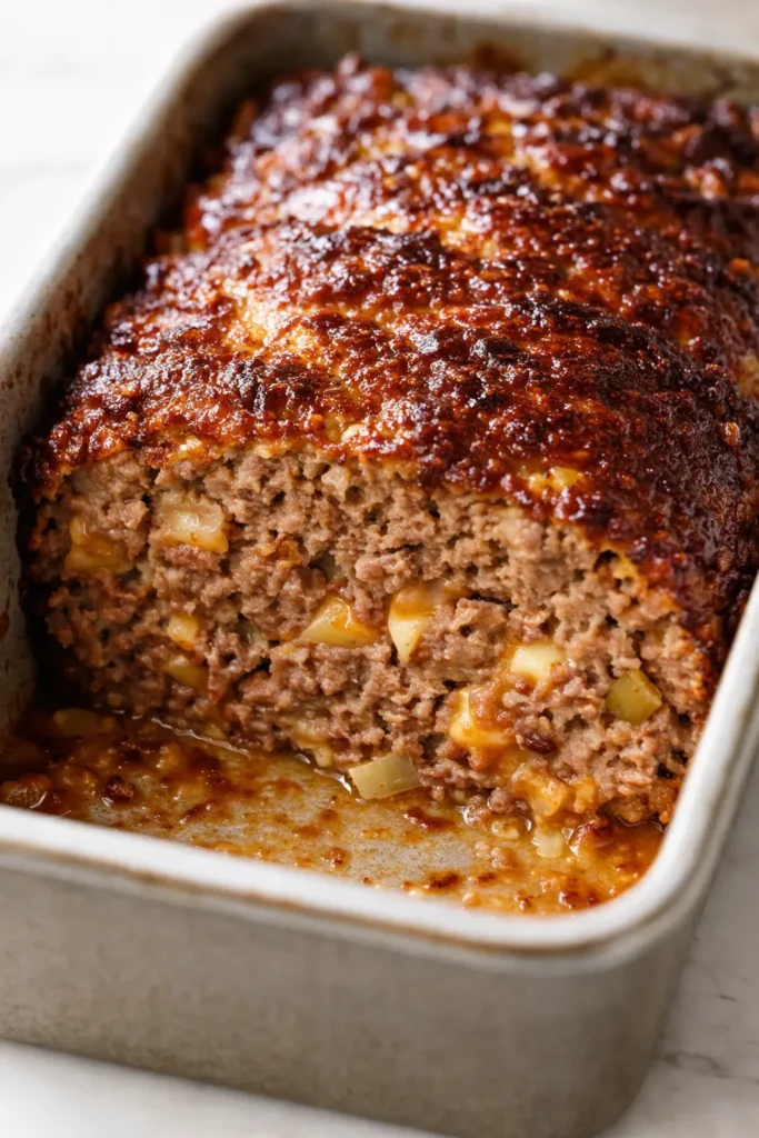 A slice of juicy cheeseburger meatloaf with melted cheddar, glossy ketchup glaze, and golden-brown edges on a white plate.