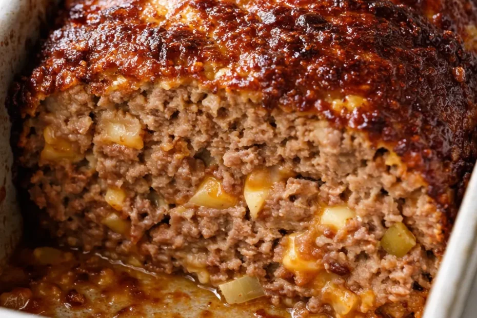 A slice of juicy cheeseburger meatloaf with melted cheddar, glossy ketchup glaze, and golden-brown edges on a white plate.