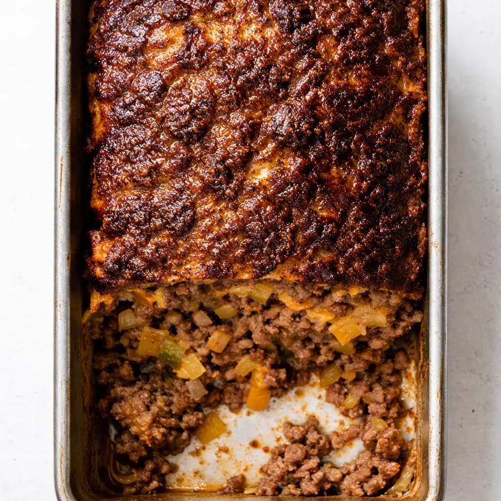 Juicy cheeseburger meatloaf slice with melted cheese, moist texture, and no crumbly edges on a white plate.