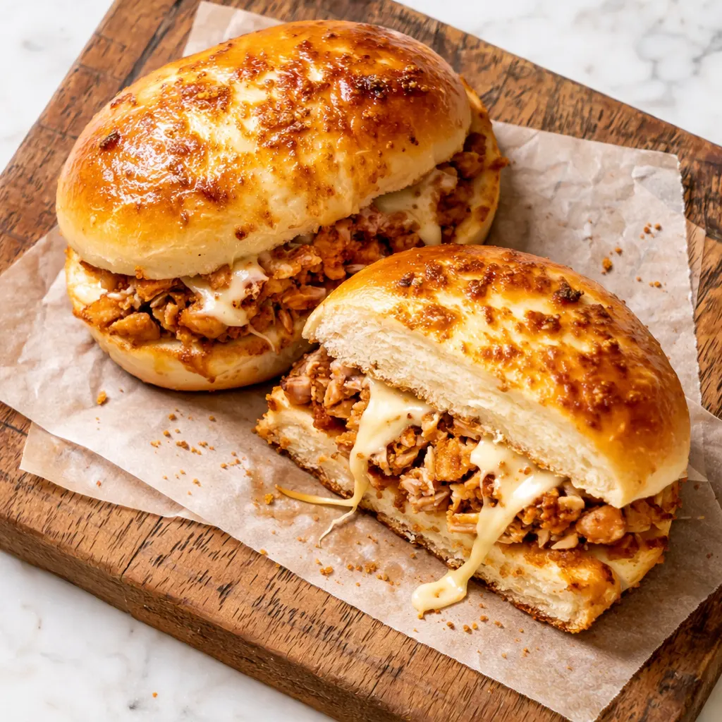Cheesy dynamite chicken buns being assembled with spicy chicken and melted cheese filling on soft dough.