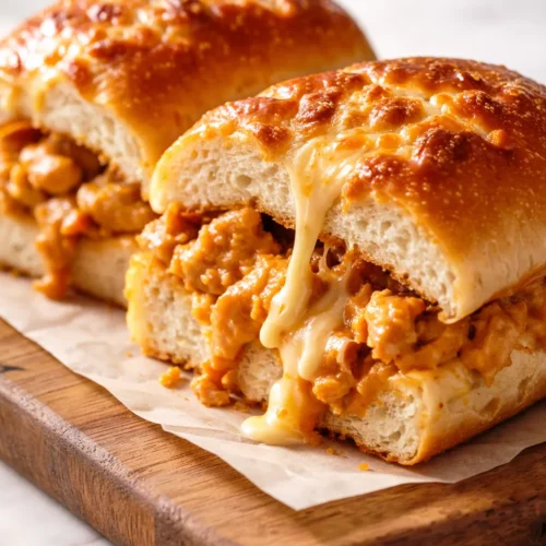 Golden-brown cheesy dynamite chicken buns with gooey melted cheese and spicy chicken filling, served on a plate.