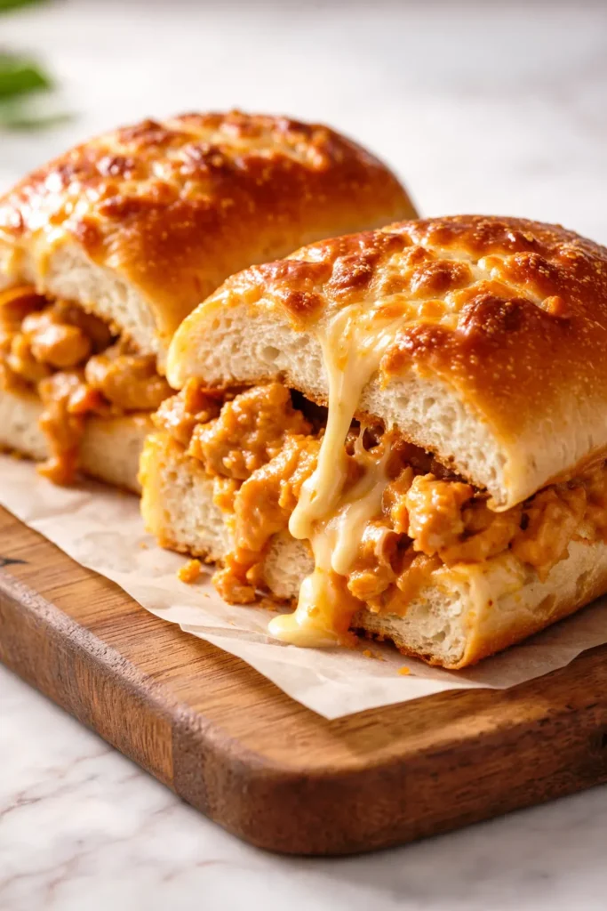 Golden-brown cheesy dynamite chicken buns with gooey melted cheese and spicy chicken filling, served on a plate.