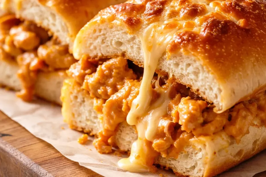 Golden-brown cheesy dynamite chicken buns with gooey melted cheese and spicy chicken filling, served on a plate.