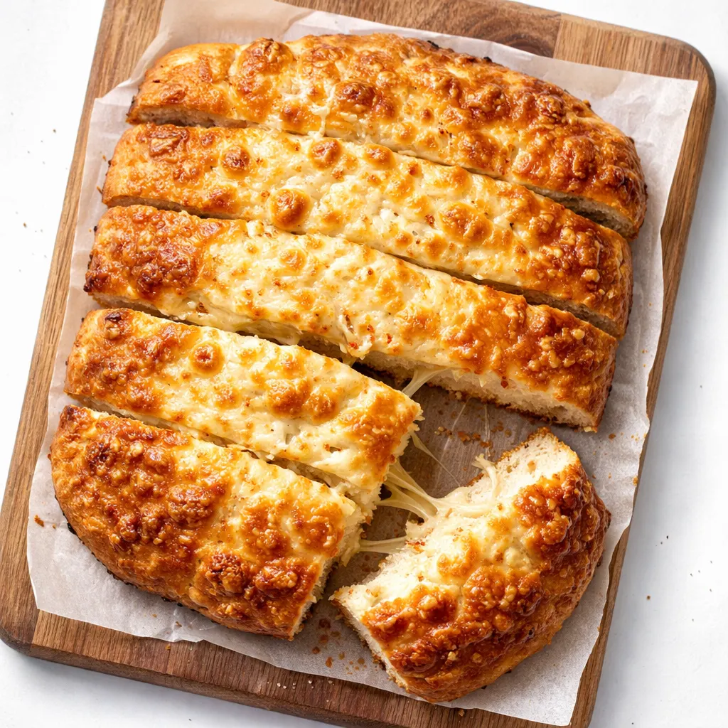 Golden brown cheesy garlic bread with gooey mozzarella cheese stretching as a slice is lifted from the loaf.