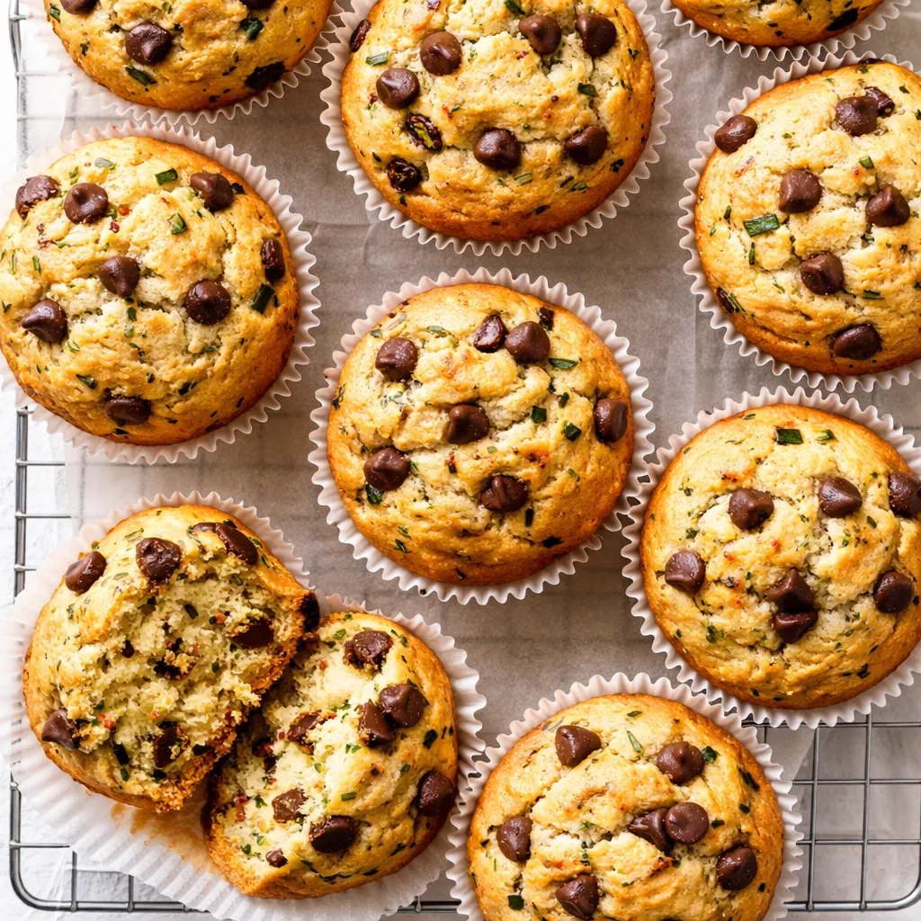 Moist chocolate chip zucchini muffins with visible zucchini shreds and melted chocolate chips, golden brown tops.