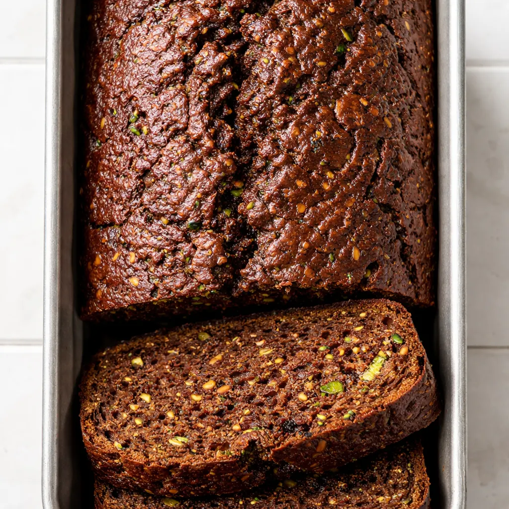 Shredded green zucchini being folded into a dark, glossy chocolate batter for moist chocolate zucchini bread.