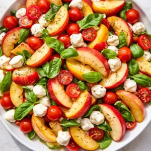 Fresh chopped peach caprese salad with creamy mozzarella, basil, and balsamic glaze on a white plate.