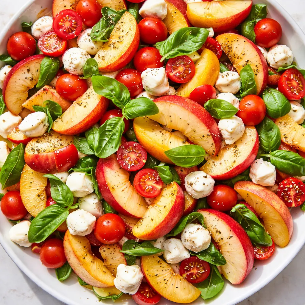 Fresh chopped peach caprese salad with creamy mozzarella, basil, and balsamic glaze on a white plate.