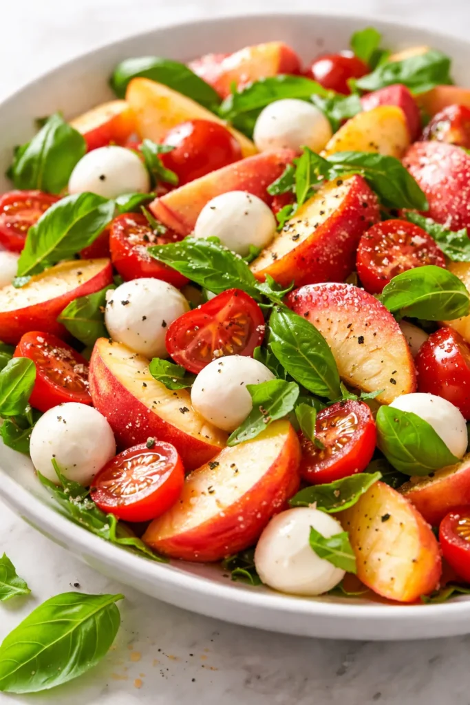Chopped peach caprese salad with creamy mozzarella pearls, fresh basil, and balsamic glaze in a rustic bowl.