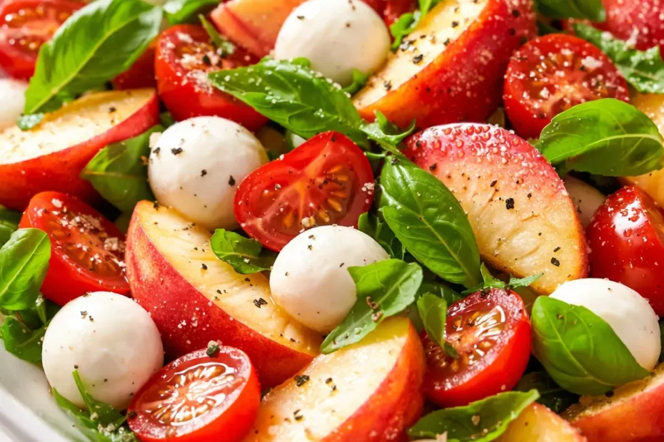 Chopped peach caprese salad with creamy mozzarella pearls, fresh basil, and balsamic glaze in a rustic bowl.