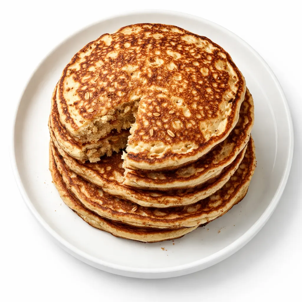 Fluffy banana oatmeal pancake batter cooking in a nonstick pan, small bubbles forming on surface, no blender needed, bowl of ingredients in background.
