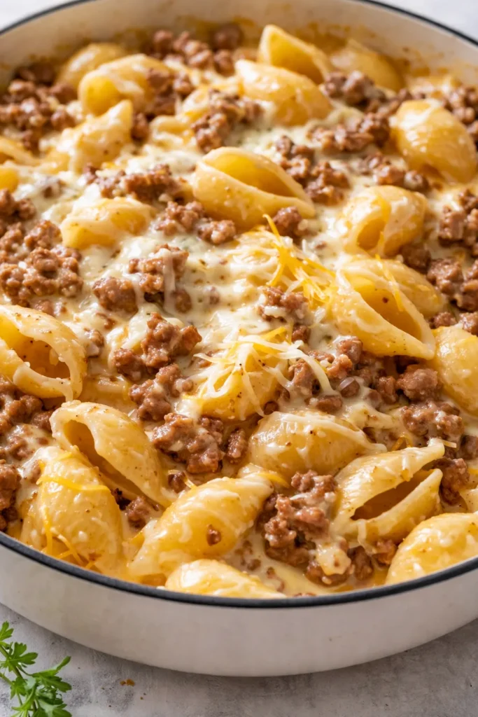 Creamy beef and shells in a white bowl, with a rich tomato-cream sauce coating the pasta and sprinkled with fresh parsley.