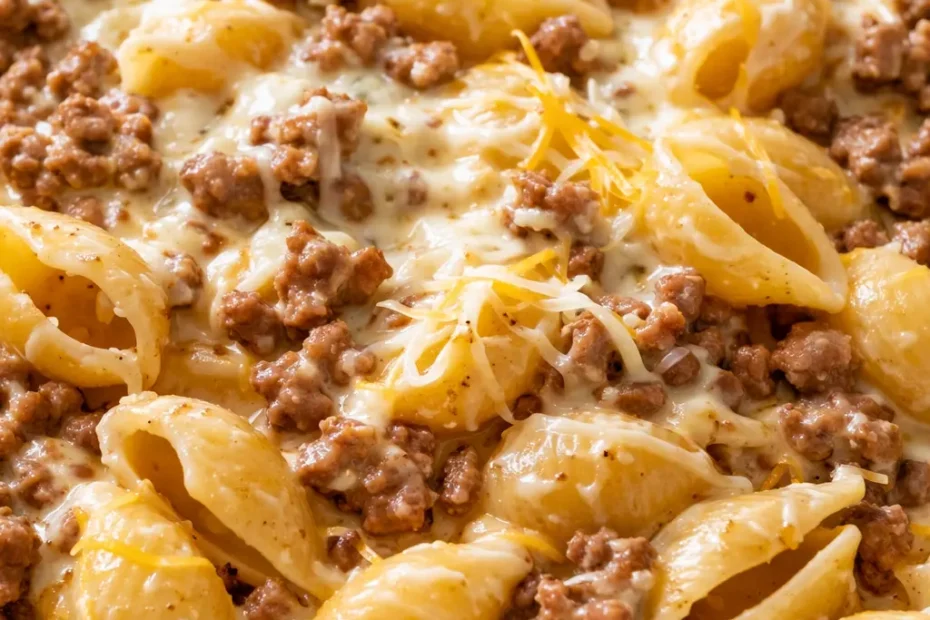 Creamy beef and shells in a white bowl, with a rich tomato-cream sauce coating the pasta and sprinkled with fresh parsley.