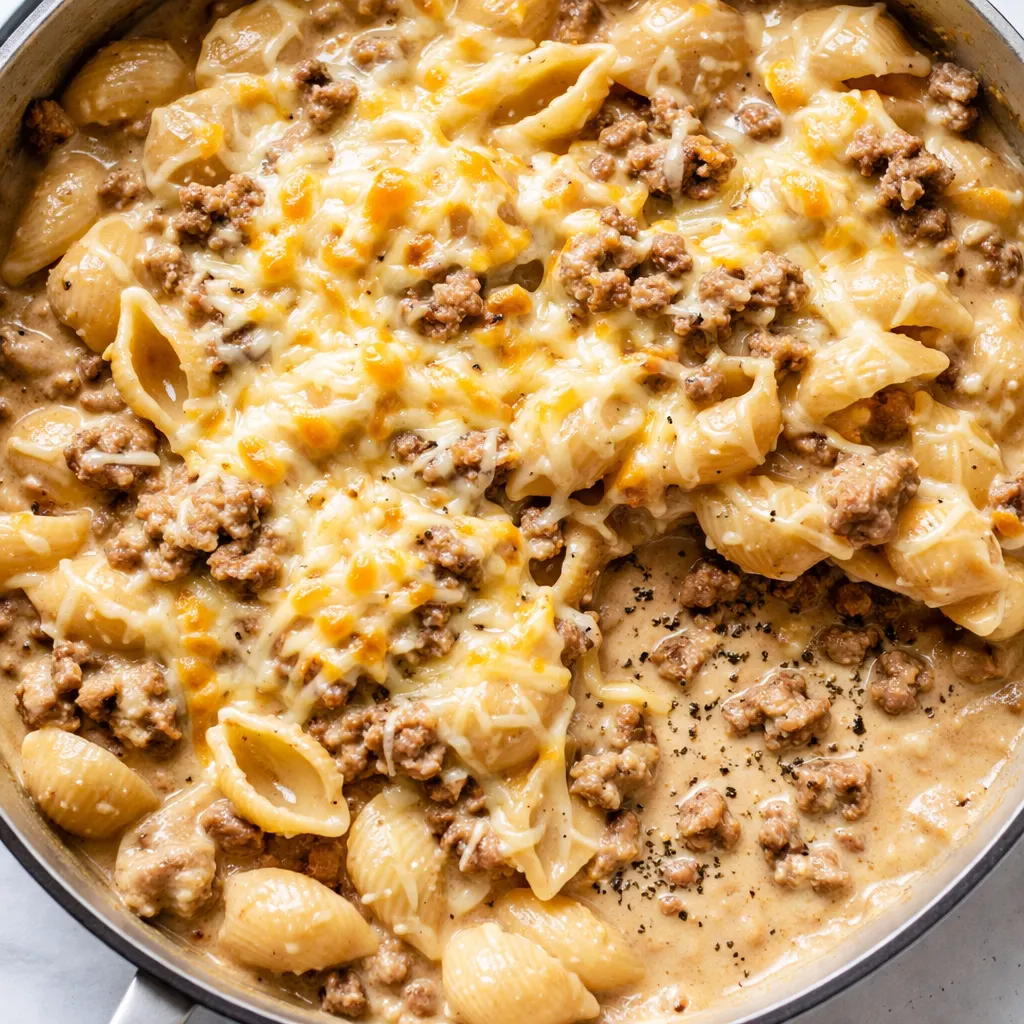 Stirring creamy beef and shells in a pot, rich sauce coating pasta with golden beef crumbles and melted Parmesan cheese.