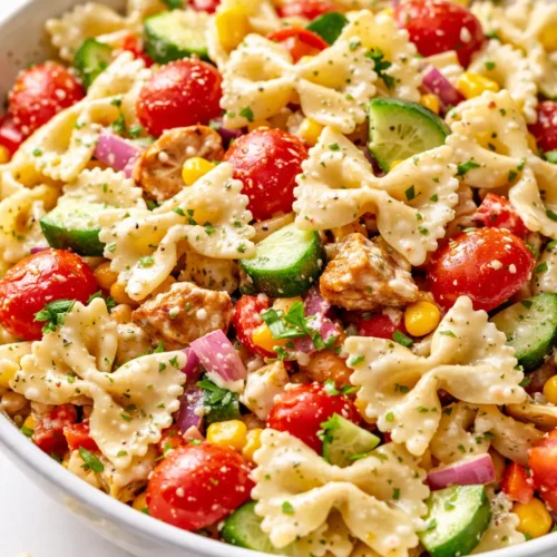 Creamy bow tie pasta salad with cherry tomatoes, cucumber, and parsley in a light, glossy sauce