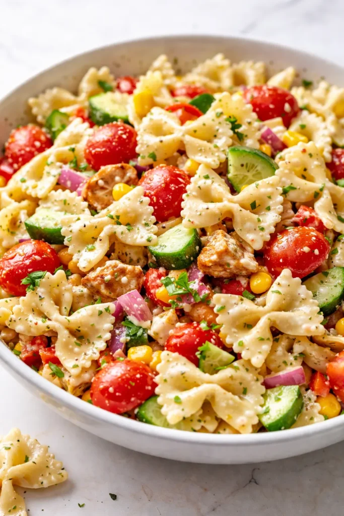 Creamy bow tie pasta salad with cherry tomatoes, cucumber, and parsley in a light, glossy sauce