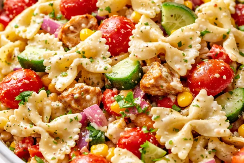 Creamy bow tie pasta salad with cherry tomatoes, cucumber, and parsley in a light, glossy sauce
