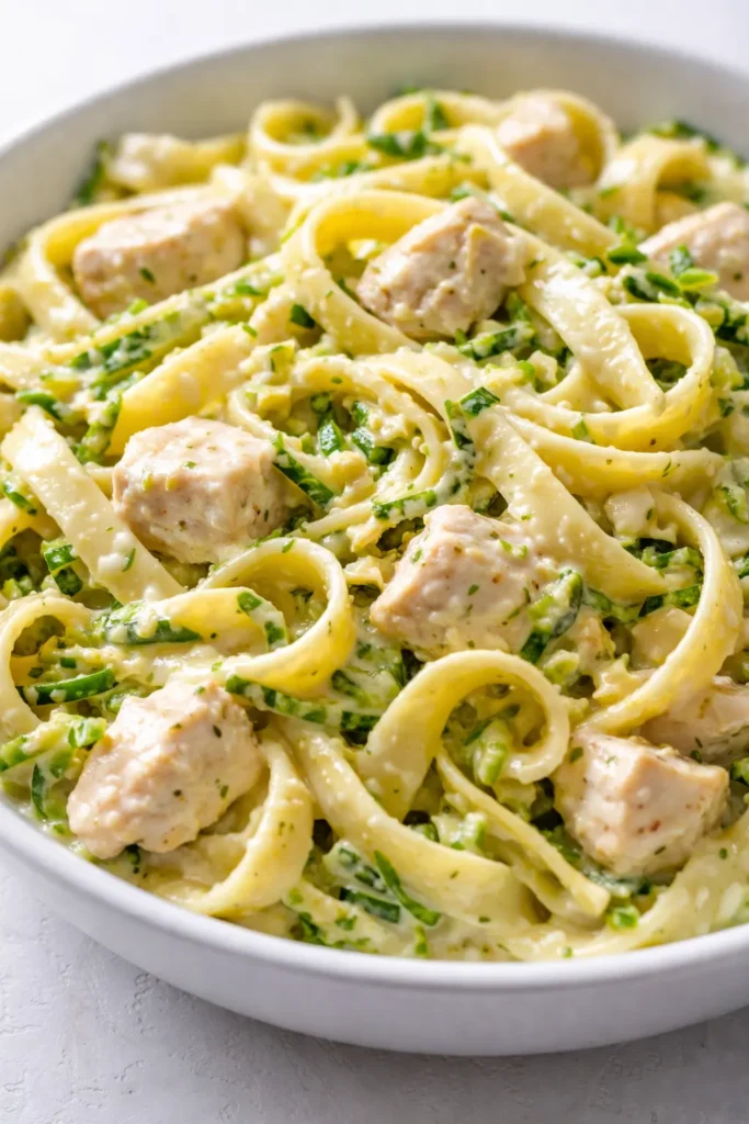 Creamy chicken zucchini pasta in a bowl, with tender chicken pieces and green zucchini ribbons coated in a luscious, non-watery sauce.