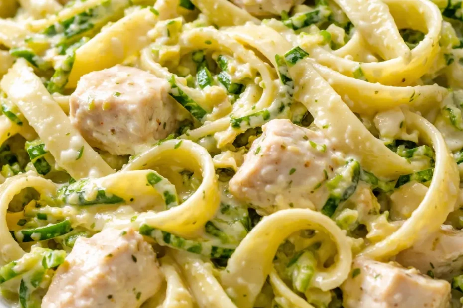 Creamy chicken zucchini pasta in a bowl, with tender chicken pieces and green zucchini ribbons coated in a luscious, non-watery sauce.