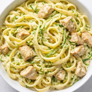 Creamy chicken zucchini pasta being stirred in a hot skillet, showing thick sauce coating tender chicken and zucchini slices.