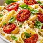 Creamy roasted tomato and garlic ricotta pasta in a bowl, topped with fresh basil and Parmesan, with rich orange sauce coating the pasta.