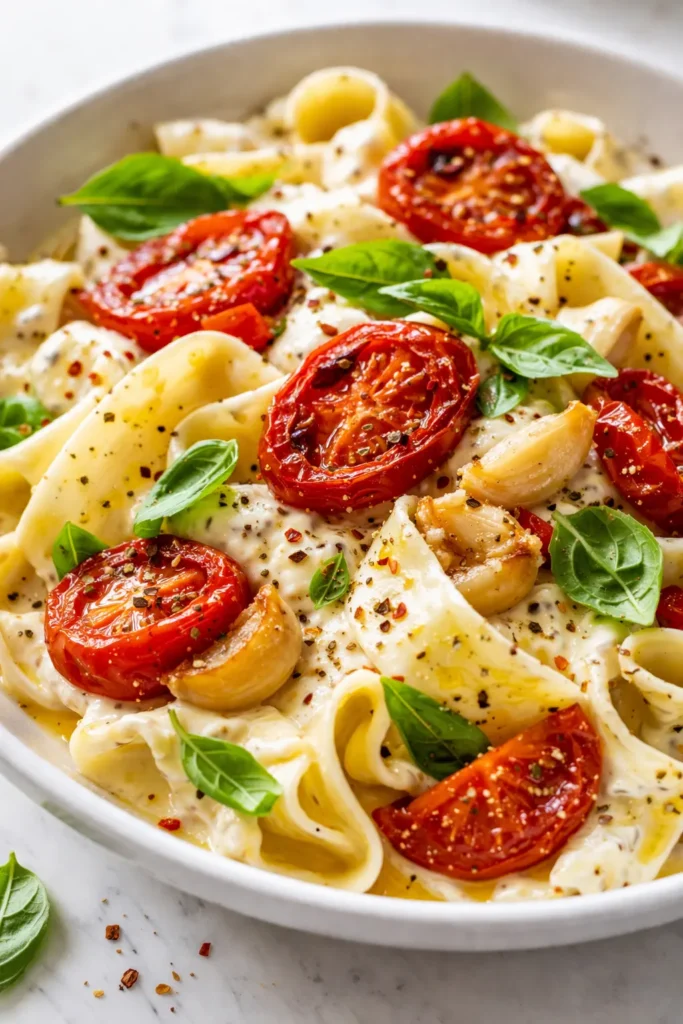 Creamy roasted tomato and garlic ricotta pasta in a bowl, topped with fresh basil and Parmesan, with rich orange sauce coating the pasta.