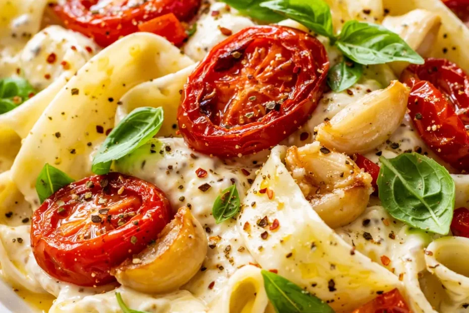 Creamy roasted tomato and garlic ricotta pasta in a bowl, topped with fresh basil and Parmesan, with rich orange sauce coating the pasta.