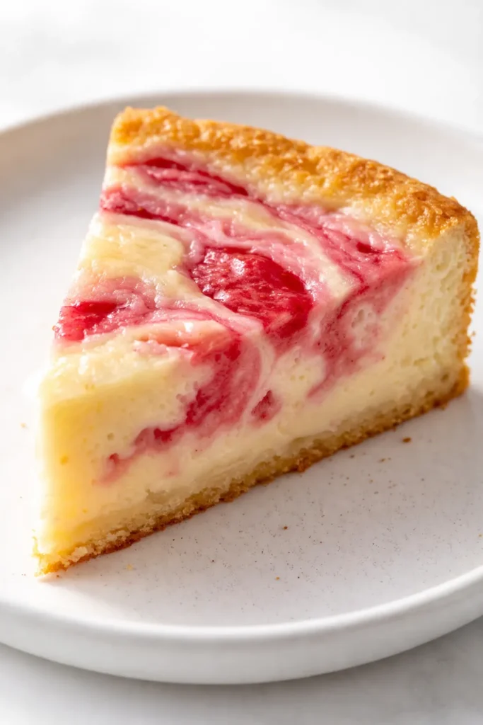 Creamy strawberry custard cake slice with a natural pink swirl revealing moist, soft crumb and creamy custard layers.