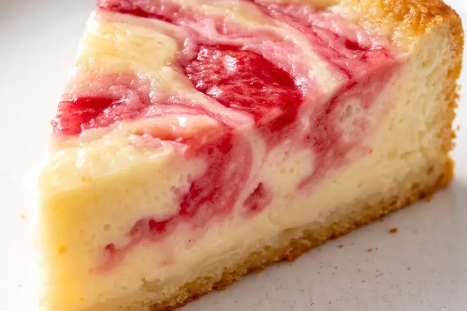 Creamy strawberry custard cake slice with a natural pink swirl revealing moist, soft crumb and creamy custard layers.