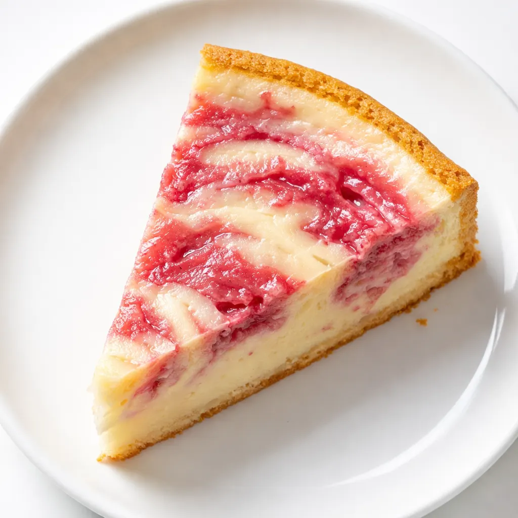 Strawberry custard cake batter with a natural pink swirl being folded into a creamy base in a baking dish.