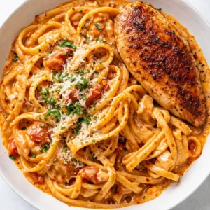 Creamy tomato sauce coats tender chicken and pasta, smooth and velvety without separation.