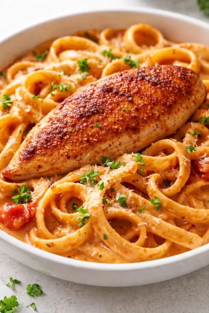 Creamy tomato chicken pasta in a rich orange sauce with tender chicken pieces and al dente pasta, garnished with fresh basil and a sprinkle of Parmesan.