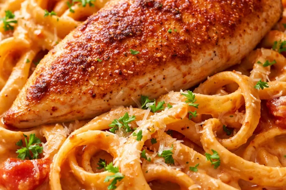 Creamy tomato chicken pasta in a rich orange sauce with tender chicken pieces and al dente pasta, garnished with fresh basil and a sprinkle of Parmesan.