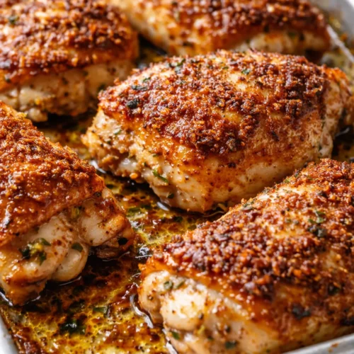 Crispy, golden-brown parmesan garlic chicken thighs on a sheet pan, with crispy skin and melted cheese.
