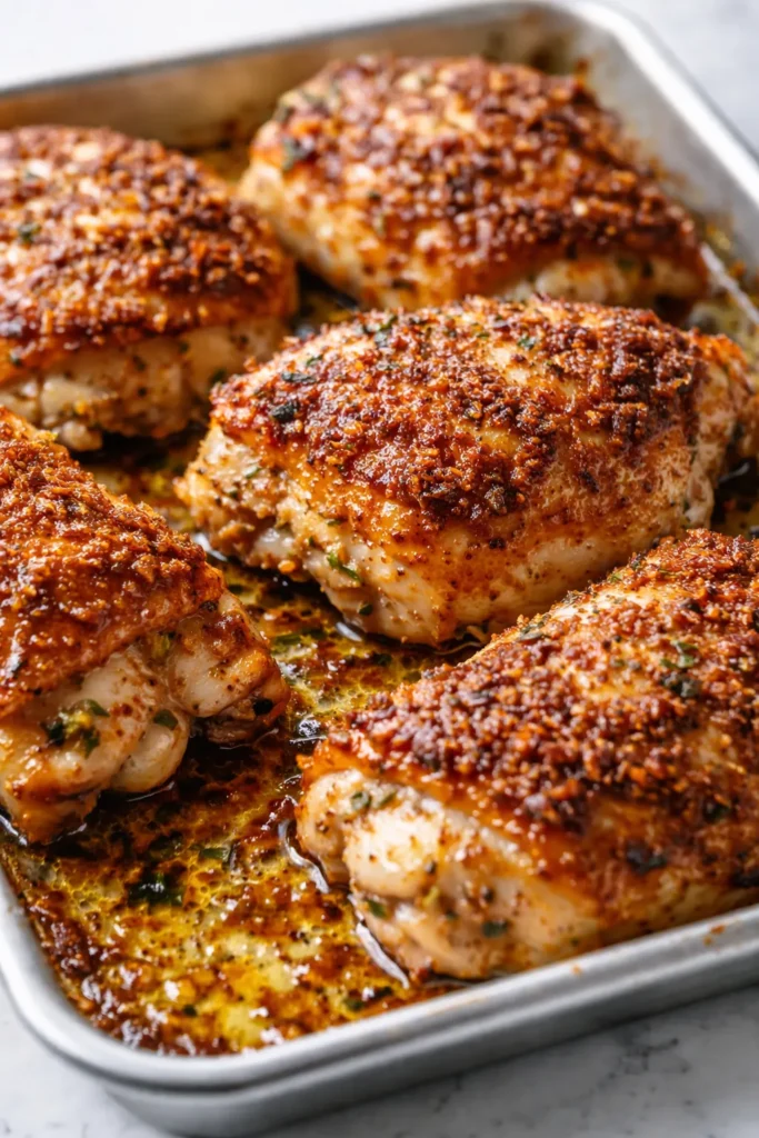 Crispy, golden-brown parmesan garlic chicken thighs on a sheet pan, with crispy skin and melted cheese.