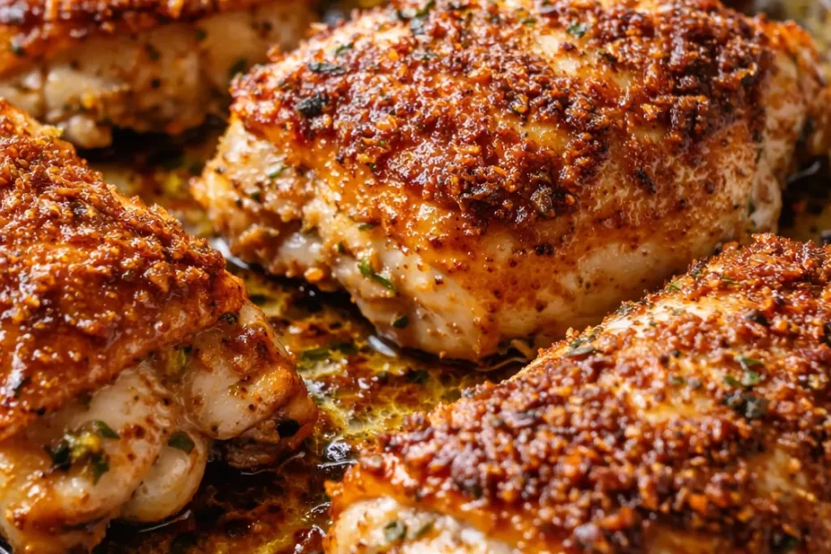 Crispy, golden-brown parmesan garlic chicken thighs on a sheet pan, with crispy skin and melted cheese.